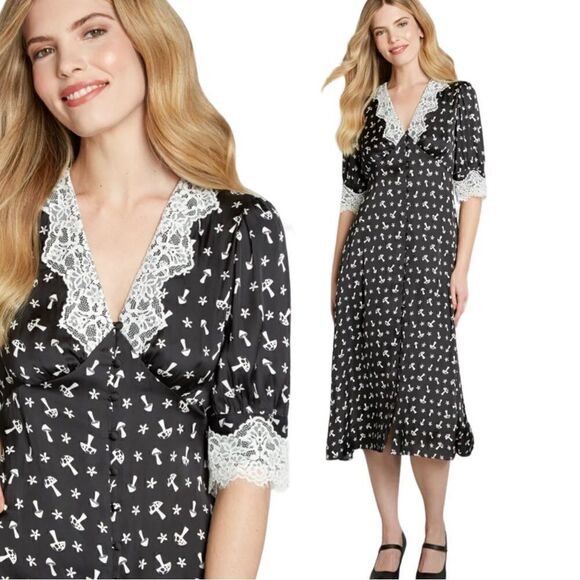 NWTs ModCloth Vintage Inspired Mushroom Black and White Lace Trim Dress - Picture 1 of 8